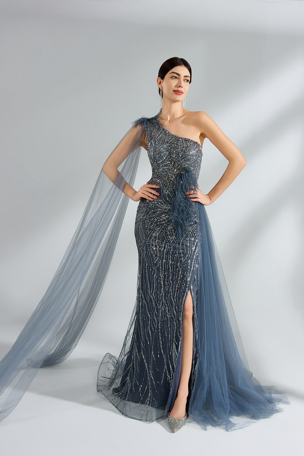 Wholesale One-Shoulder Evening Prom Dress with Feather and Waist Sash KS037