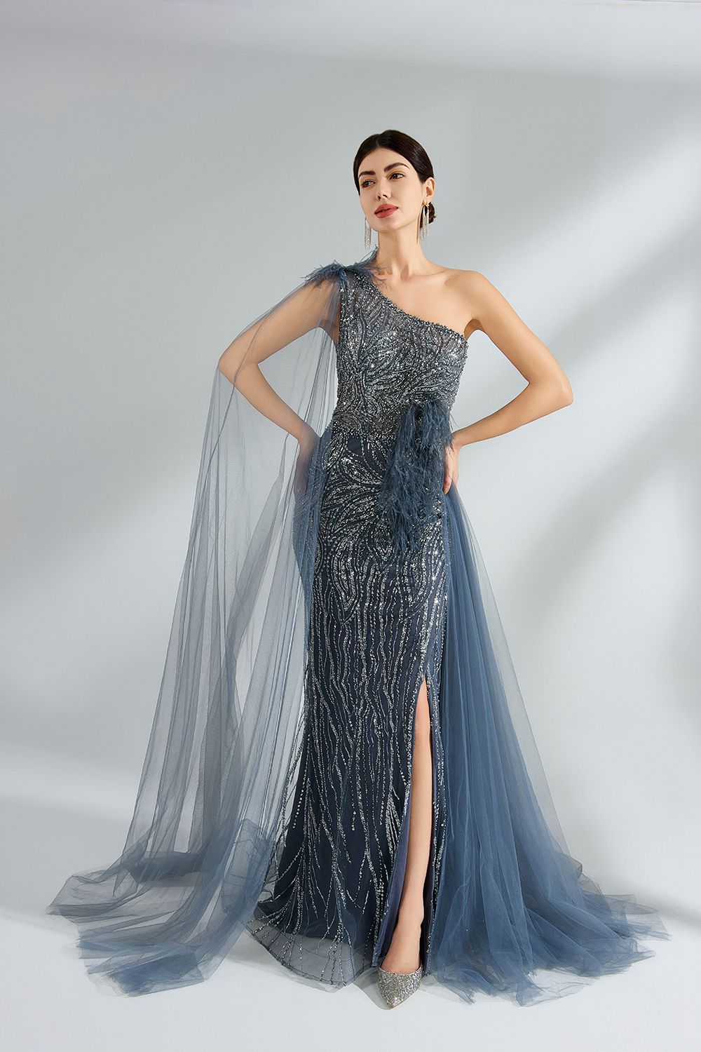 Wholesale One-Shoulder Evening Prom Dress with Feather and Waist Sash KS037