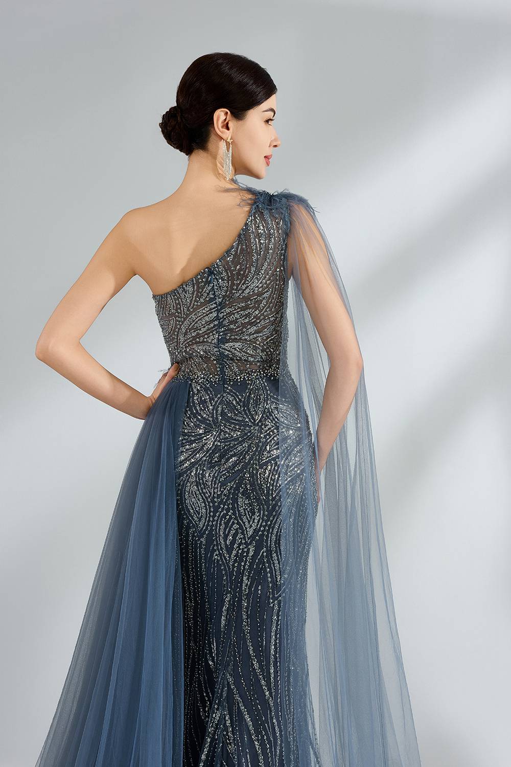 Wholesale One-Shoulder Evening Prom Dress with Feather and Waist Sash KS037