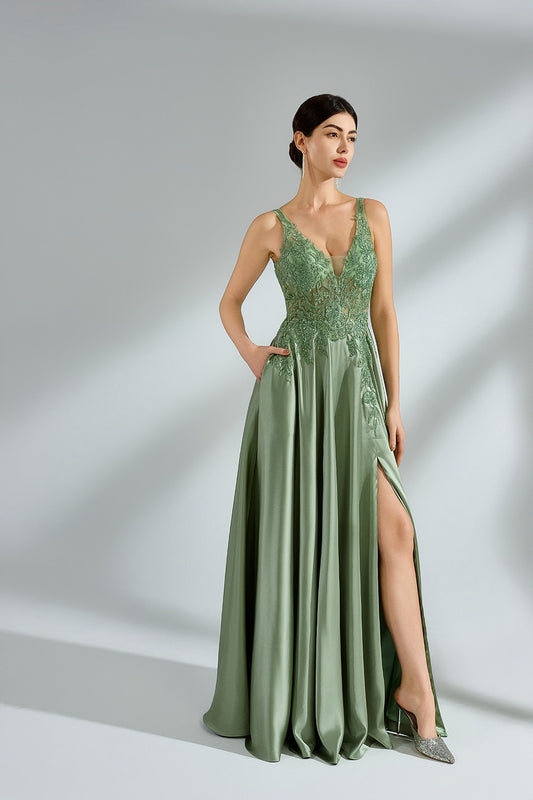 Wholesale Satin Sage Lace Slit Train Prom Dress 32949