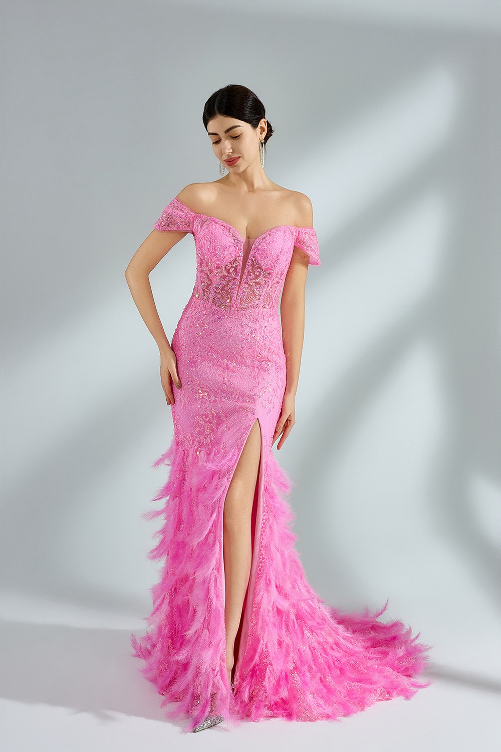 Wholesale Feathered Strapless Split-Front Mermaid Dress 32882