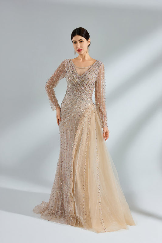 Elegant Long Sleeve Beaded Mother of the Bride Dress with Waist Sash MK147