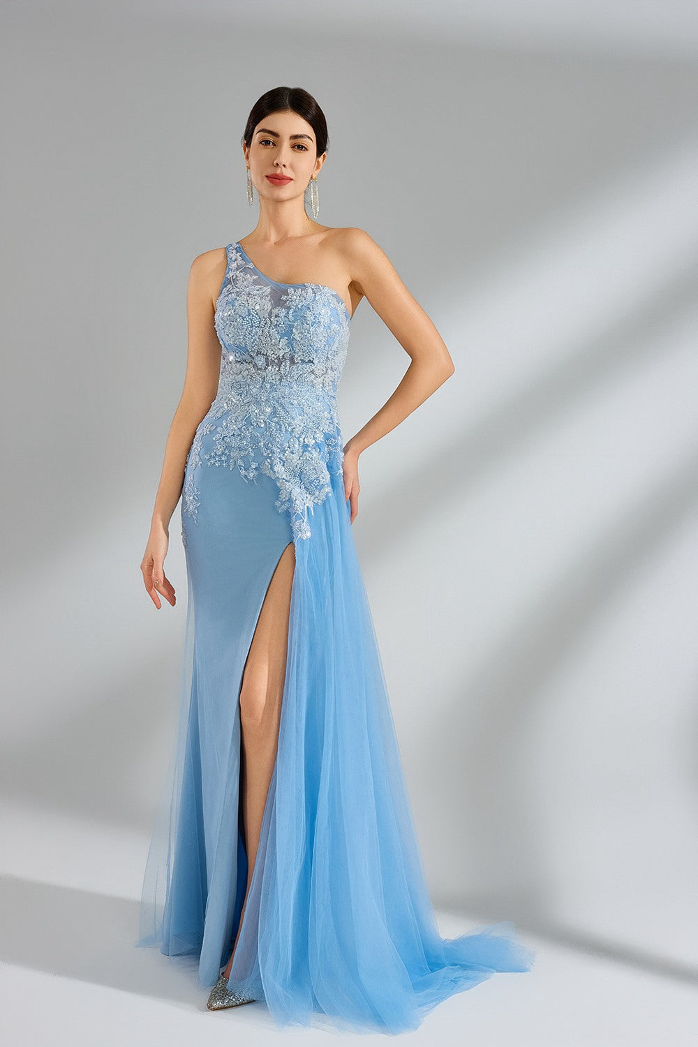 Wholesale One-Shoulder Lace Tulle Floral Applique Prom Dress 32961