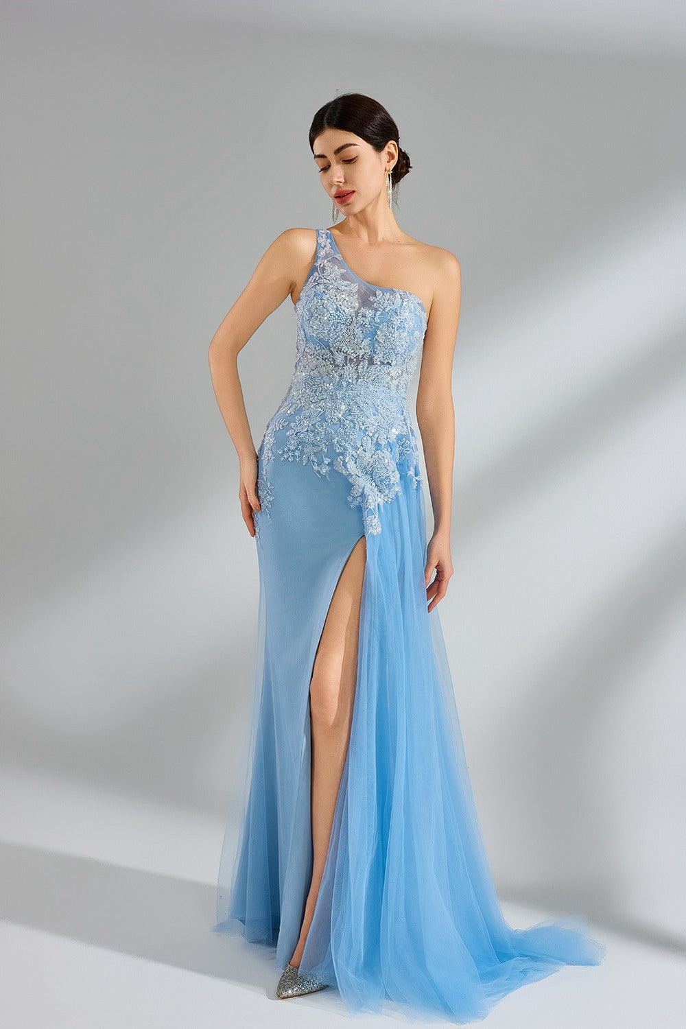 Wholesale One-Shoulder Lace Tulle Floral Applique Prom Dress 32961