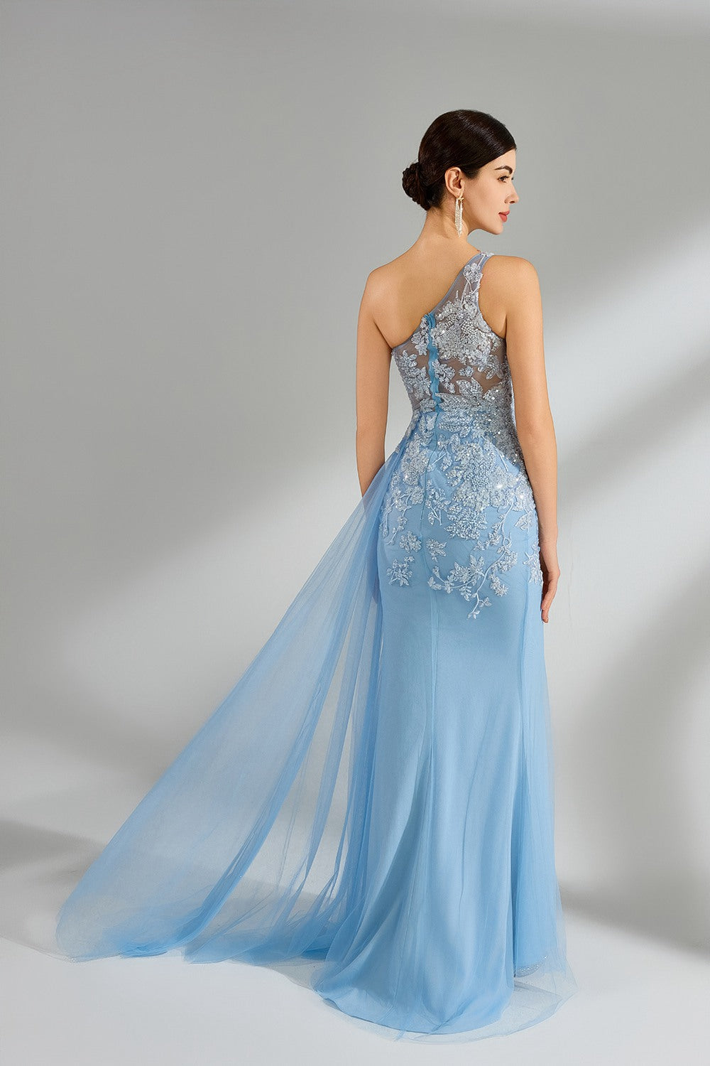 Wholesale One-Shoulder Lace Tulle Floral Applique Prom Dress 32961