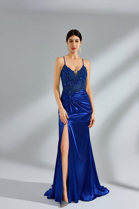 Wholesale Lace Knot Detail Satin Prom Dress with Slit 32930