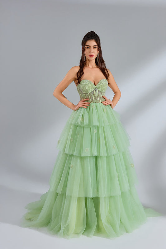 Exquisite Layered Floral Lace Strapless Prom Gown - Wholesale KT1390