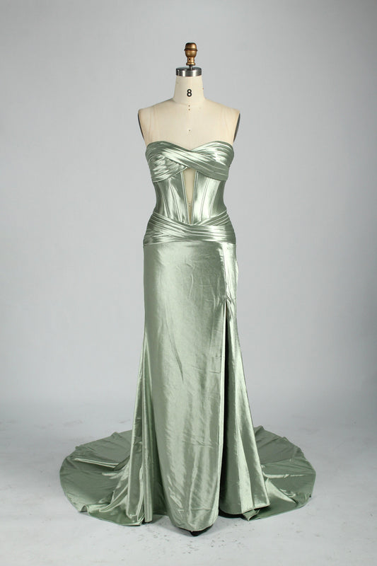 Minimalist Satin Strapless Prom Dress with Detachable Straps D-126