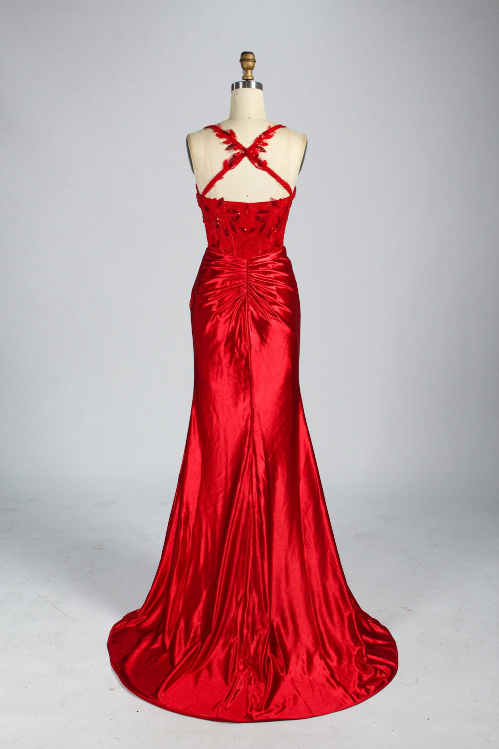 Lace Mermaid Gown with Back Cross Straps and Side Slit D-124