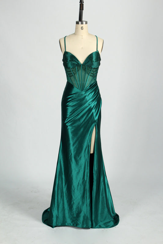 Crystal Embellished Mermaid Gown with Front Slit D-133