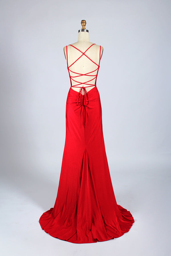 Wholesale Simple Mermaid Prom Dresses with Side Slit and Tie Back QT015
